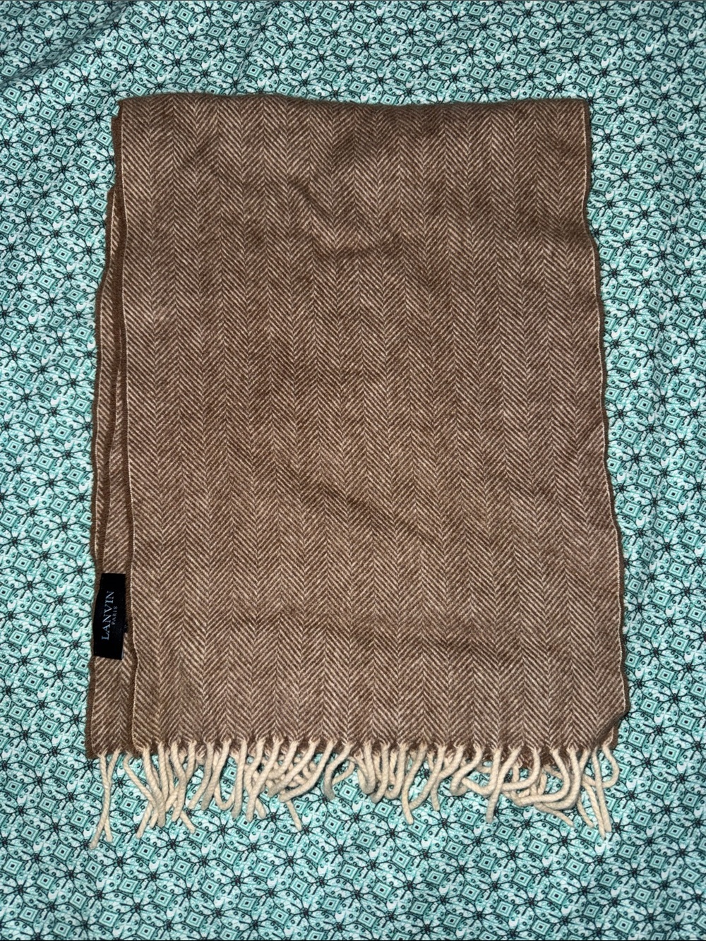Lanvin Brown Herringbone Fringe Scarf